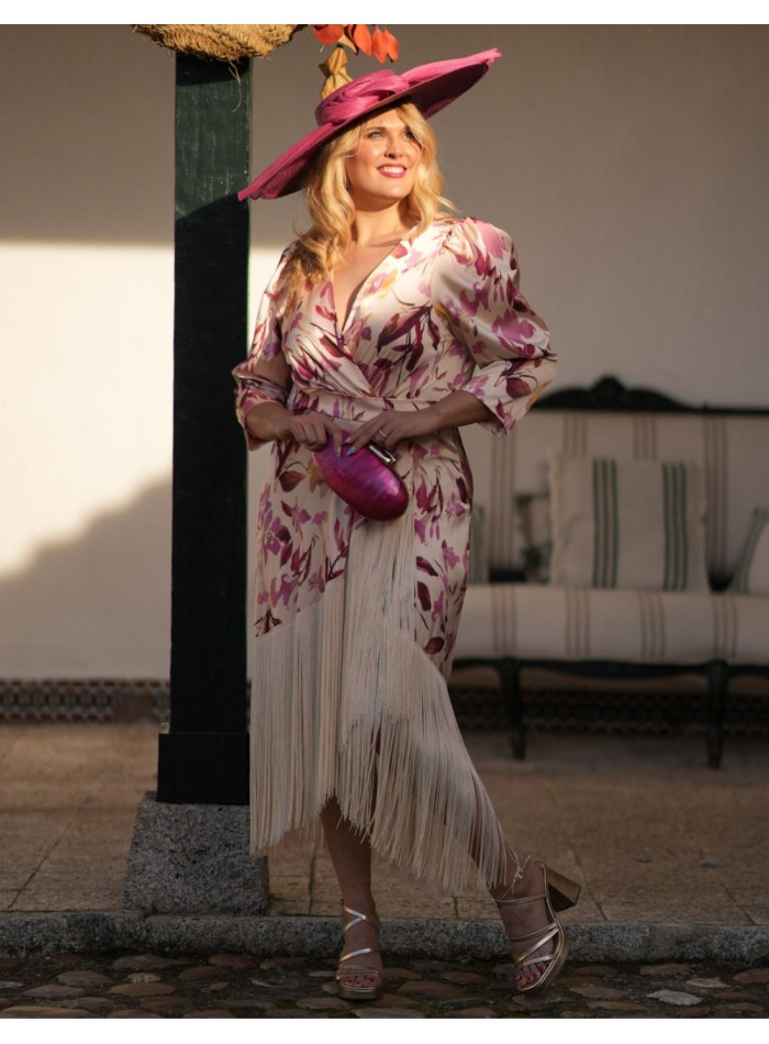 Printed midi dress with fringed hemline