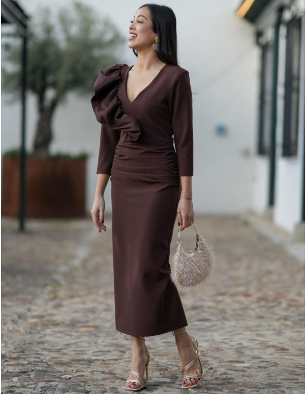 Brown midi dress in crepe fabric with ruffle and draping... 2