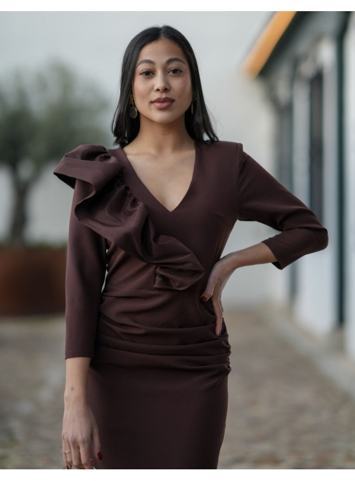 Brown midi dress in crepe fabric with ruffle...