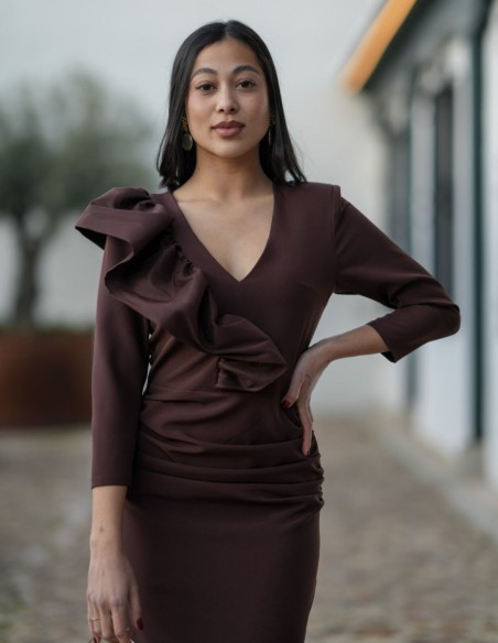 Brown midi dress in crepe fabric with ruffle and draping detail