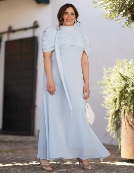 Chiffon flared midi dress with halter neckline and multiposition foulard