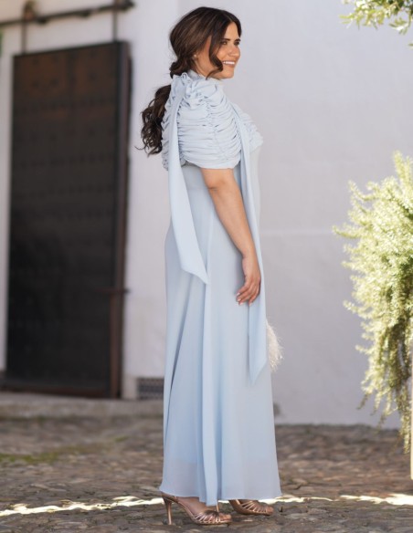 Chiffon flared midi dress with halter neckline and multiposition foulard