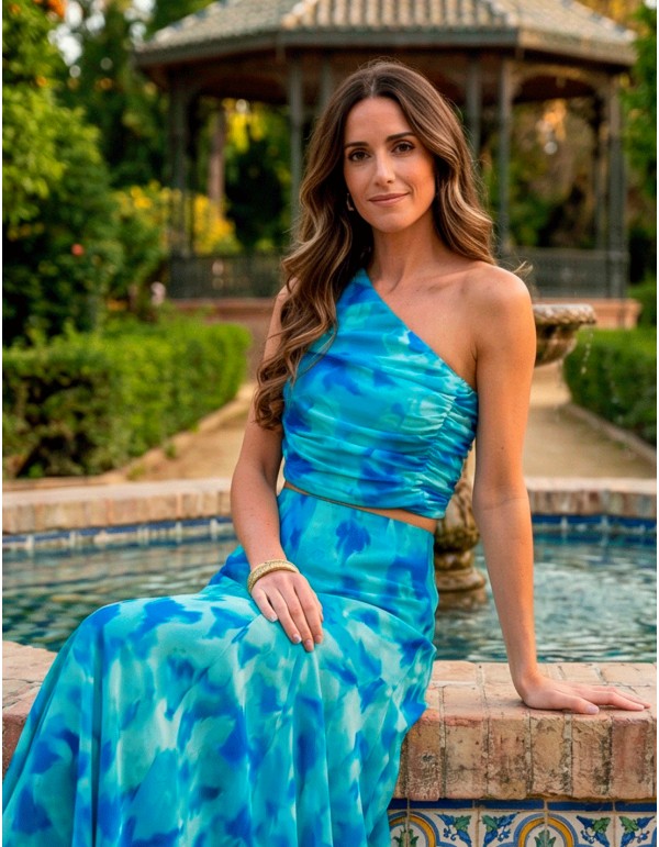 Blue printed chiffon guest ensemble with one shoulder top and midi skirt