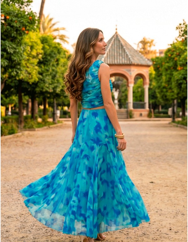 Blue printed chiffon guest ensemble with one shoulder top and midi skirt 2