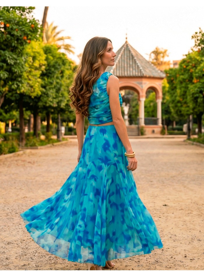 Blue printed chiffon guest ensemble with one...
