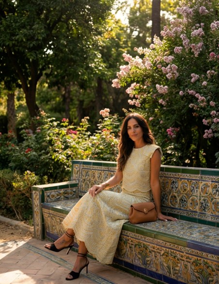 Yellow die-cut set of structured top with shoulder pads and mermaid skirt