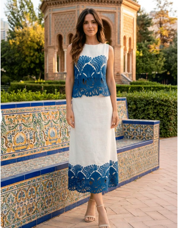 White set with blue openwork embroidery