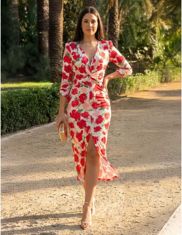 Robe midi extensible à imprimé floral rose