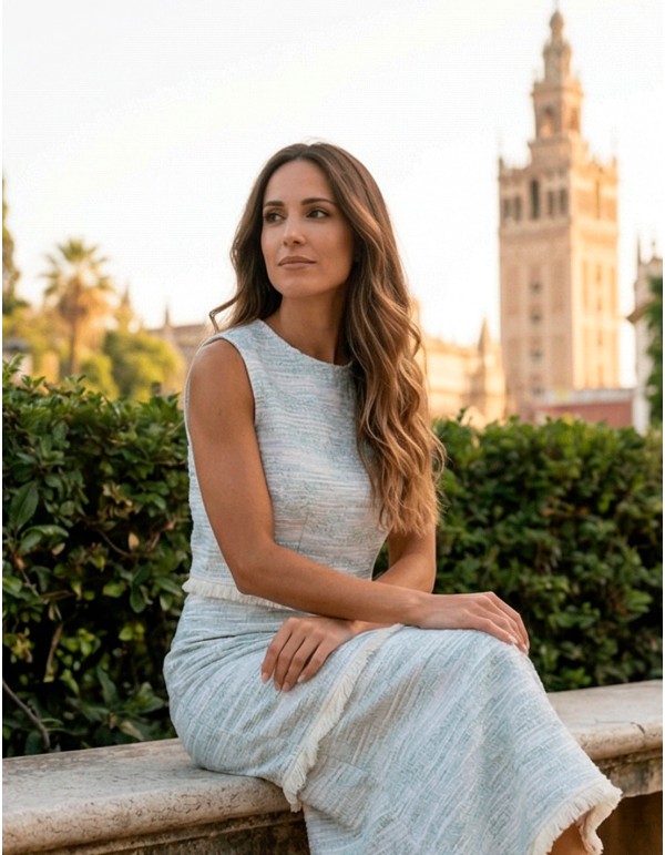 Conjunto celeste claro con top estructurado y falda midi 2