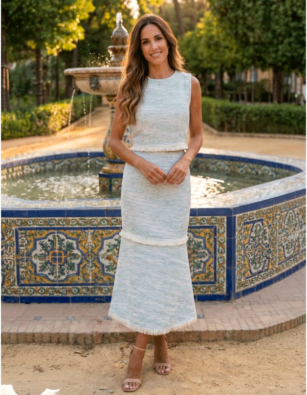 Light blue set with structured top and midi skirt