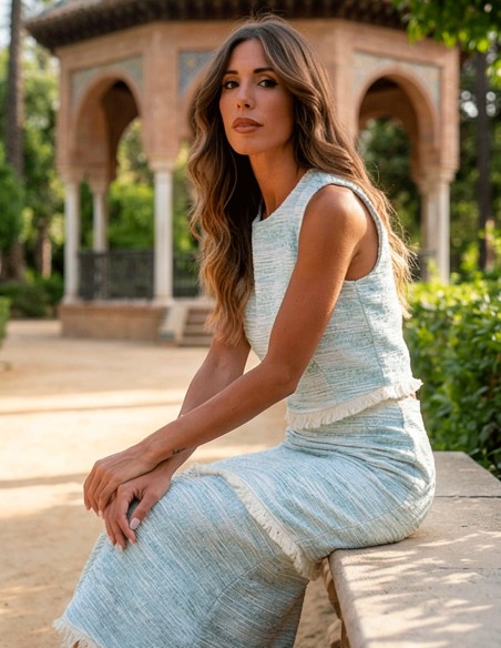 Light blue set with structured top and midi skirt