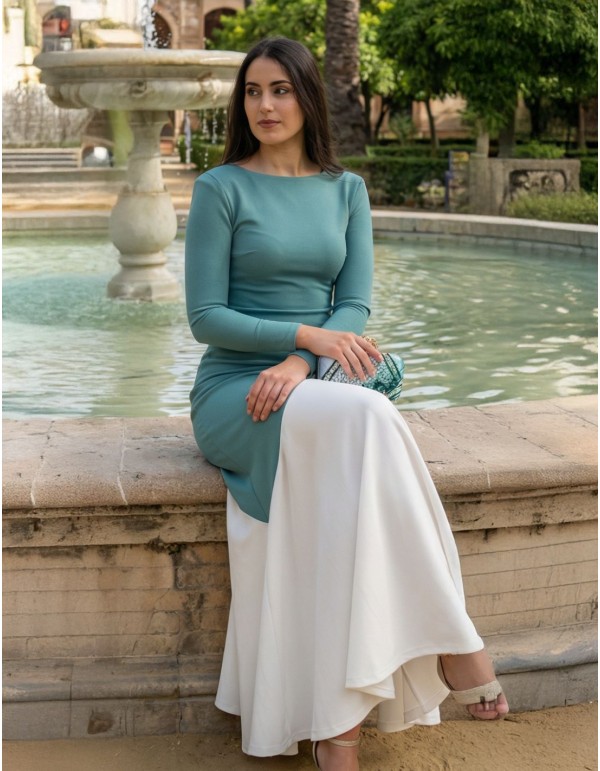 Robe midi bicolore beige et vert d'eau pour les invités 2