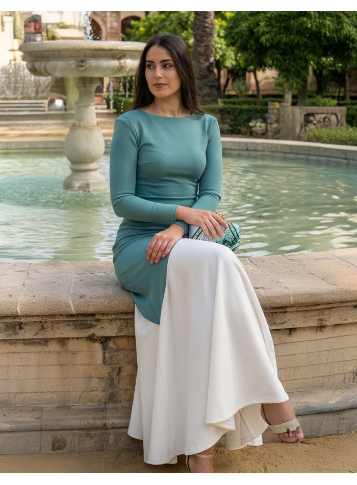 Bicolor beige and aqua green midi dress for guests