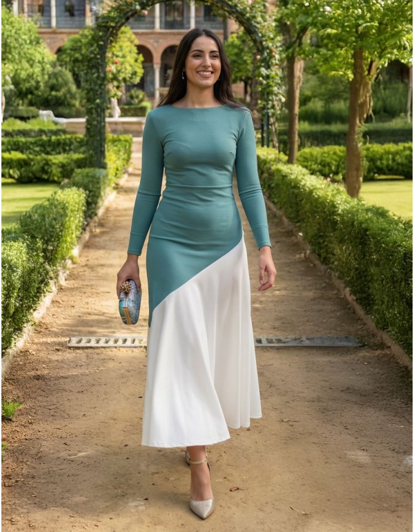 Bicolor beige and aqua green midi dress for guests