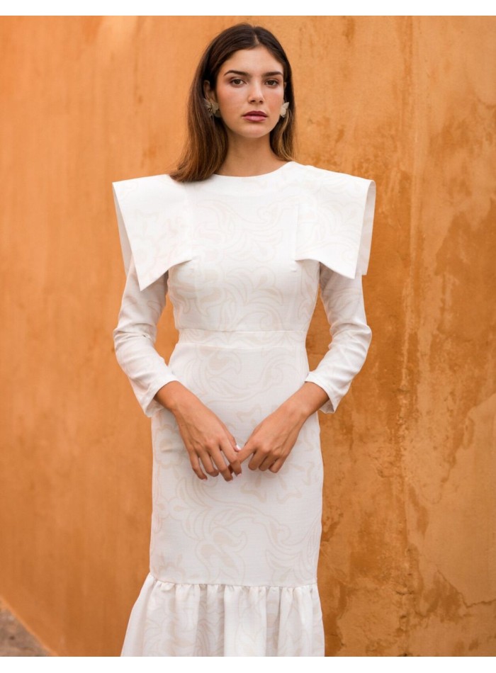 Straight cut white midi dress with ruffle at...