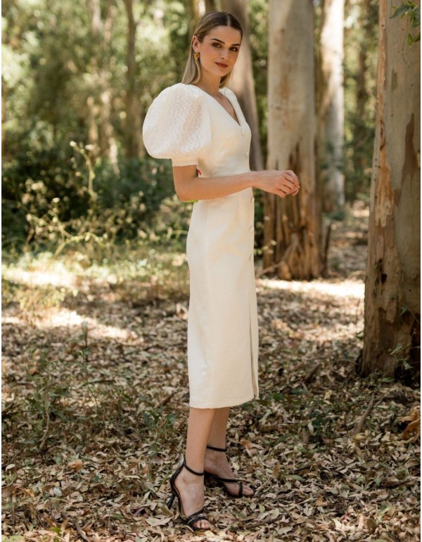 Vestido midi con mangas abullonadas