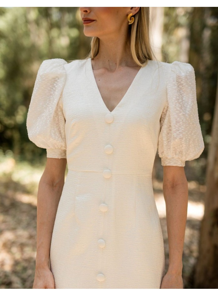 Midi dress in jacquard fabric with puffed...