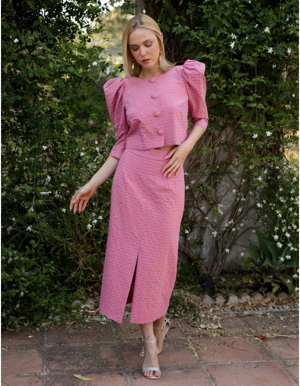 Ensemble deux pièces en vichy rose avec veste à manches...