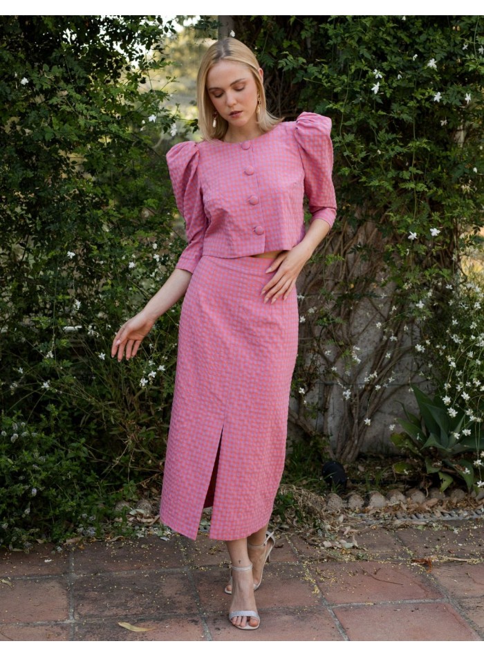 Pink vichy two-piece set with puffed sleeve...