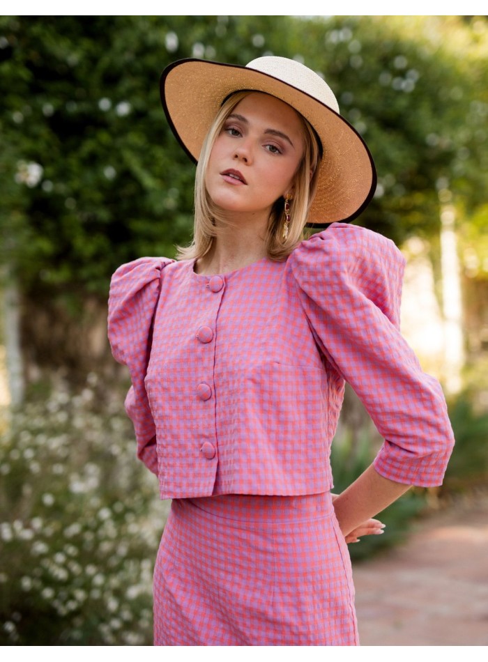 Pink vichy two-piece set with puffed sleeve...