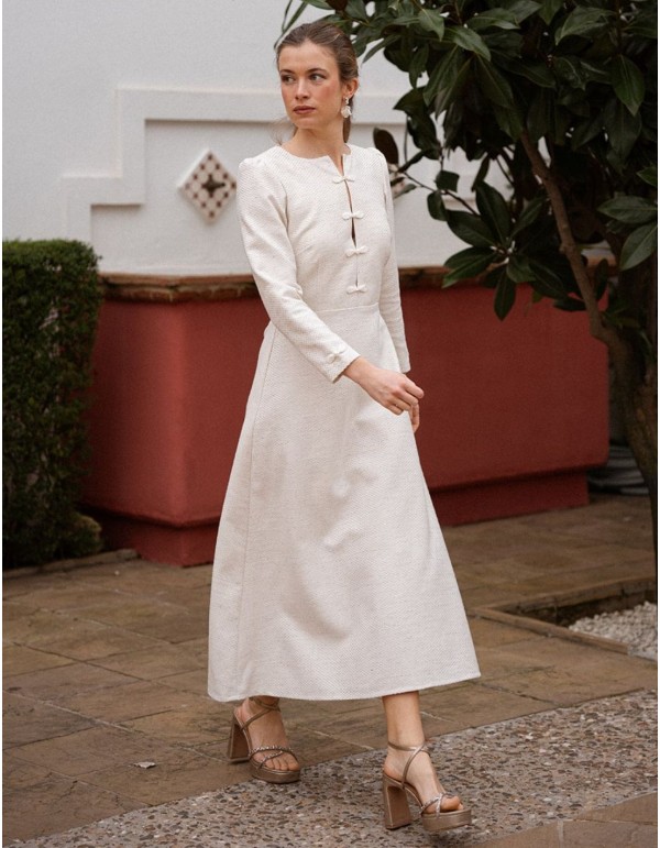 Tweed midi dress in beige with a floaty skirt and chest...