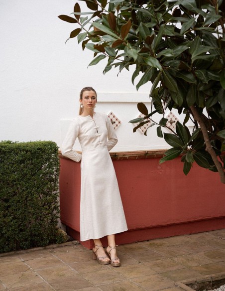 Tweed midi dress in beige with a floaty skirt and chest closures