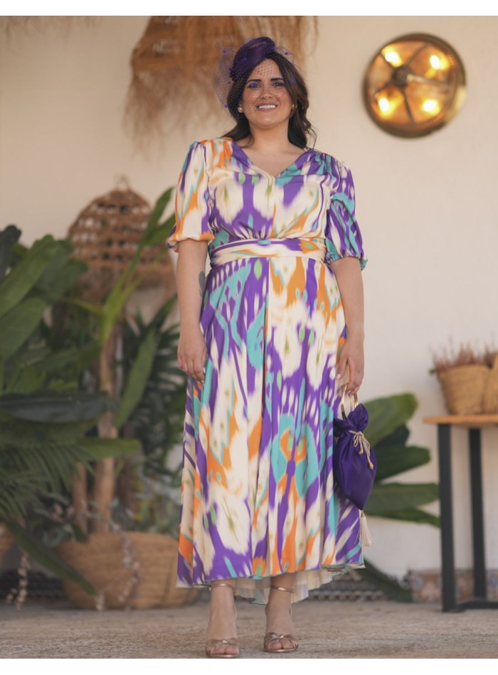 Fluid printed midi guest dress with printed fabric