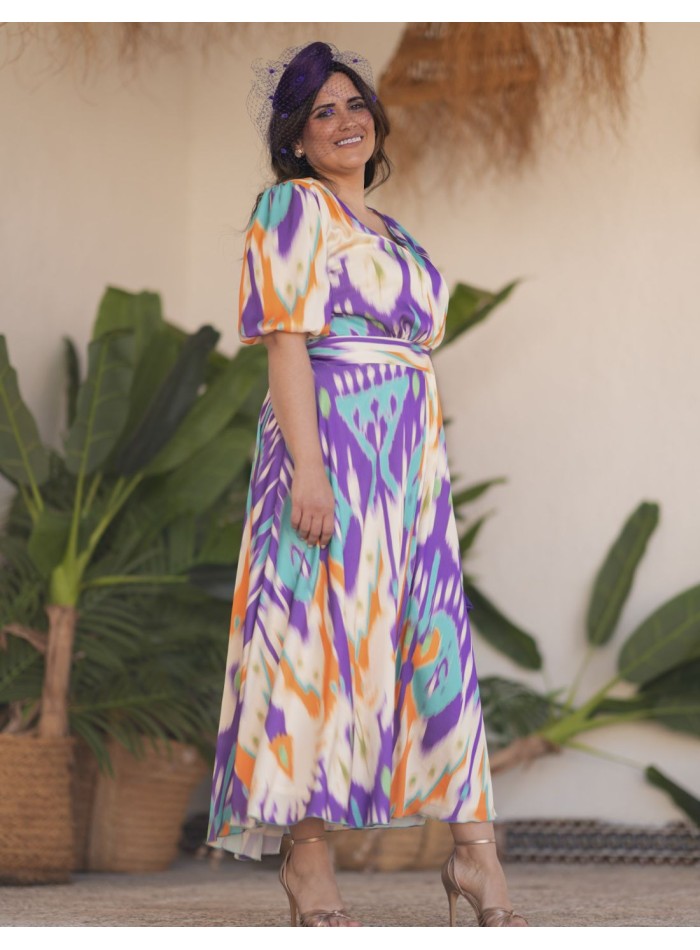 Fluid printed midi guest dress with printed fabric