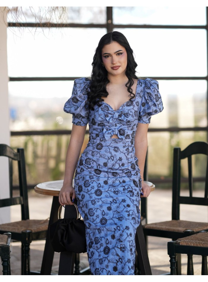 Robe midi à manches bouffantes et encolure en cœur