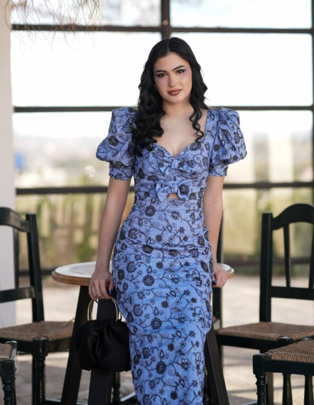 Robe midi à manches bouffantes et encolure en cœur