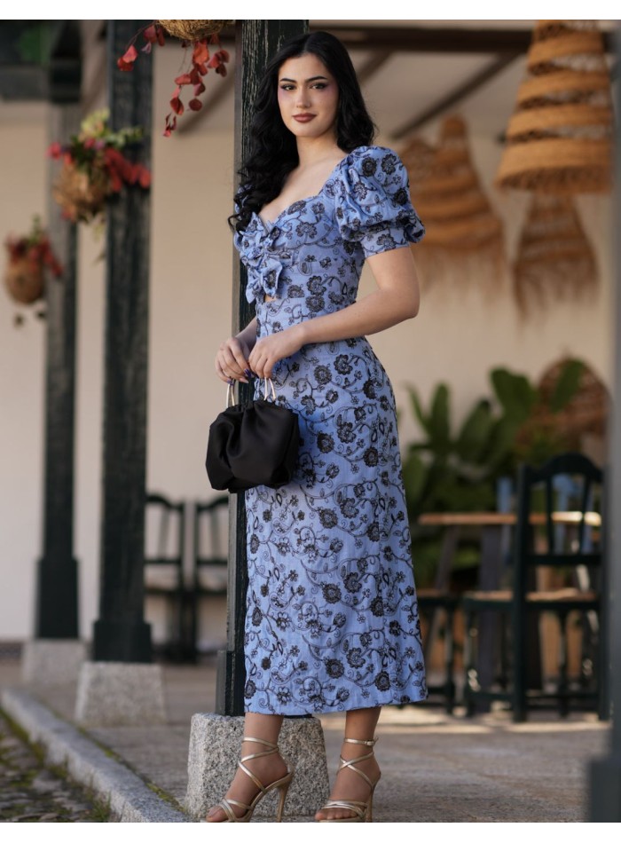 Robe midi à manches bouffantes et encolure en cœur