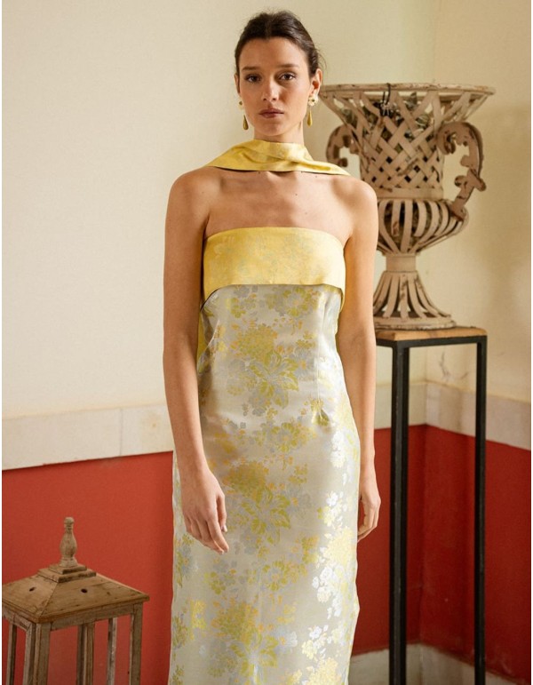 Vestido midi con estampado oriental y palabra de honor