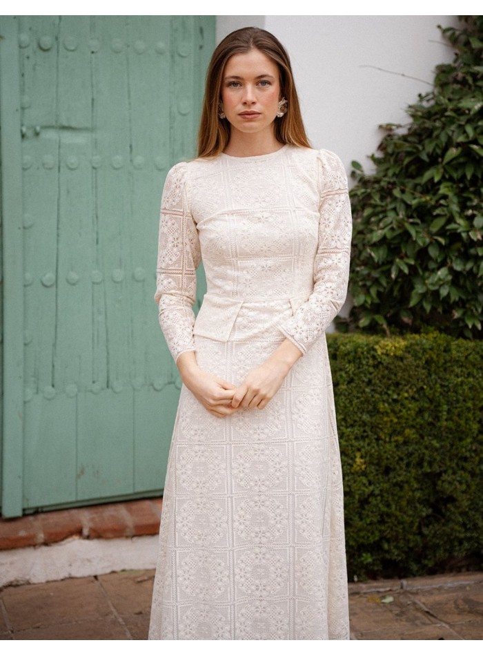 Vestido midi de encaje con falsos bolsillos para mama de comunion