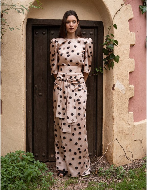 Long skirt with double front lacing and polka dot print