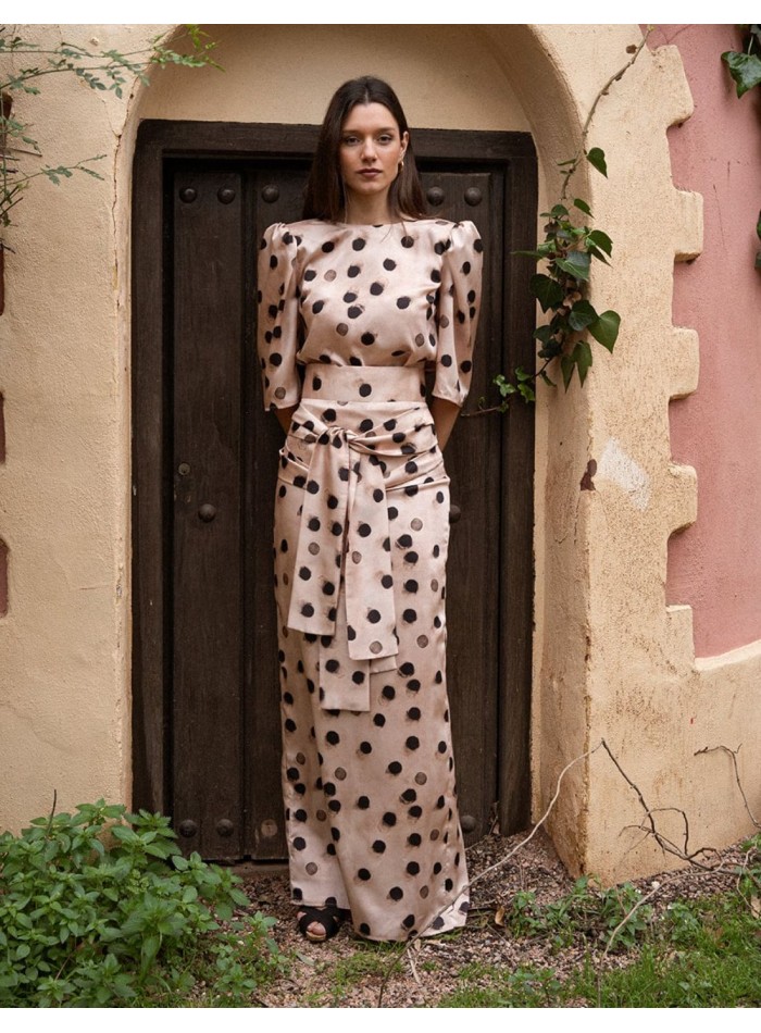 Long skirt with double front lacing and polka...