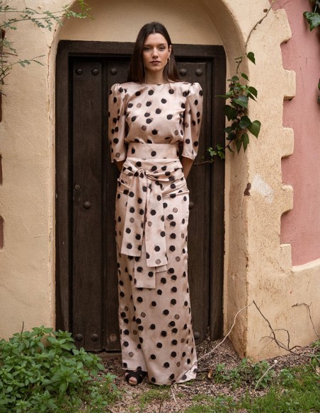 Long skirt with double front lacing and polka dot print