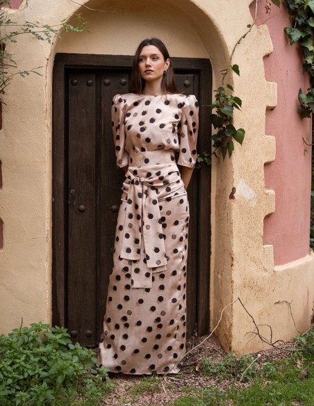 Long skirt with double front lacing and polka dot print