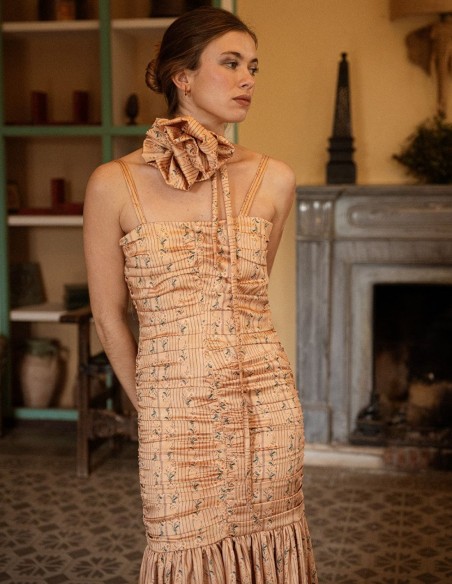 Robe longue à bretelles en jaune grillé avec imprimé floral