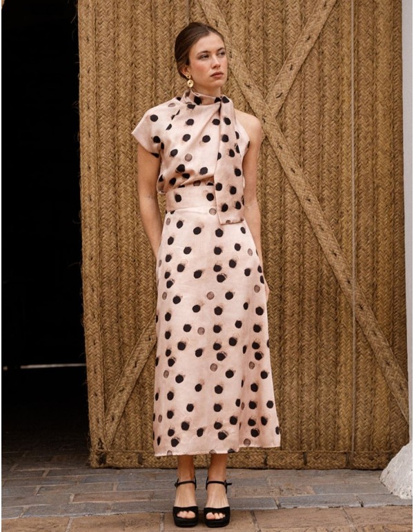 Falda midi evasé en color beige con estampado de lunares 2