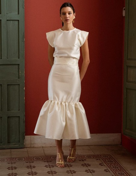 Jupe midi Mikado en écru avec volant à l'ourlet inférieur