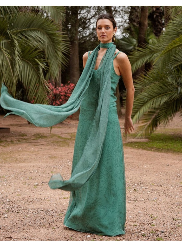 Longue robe en mousseline de soie vert émeraude...