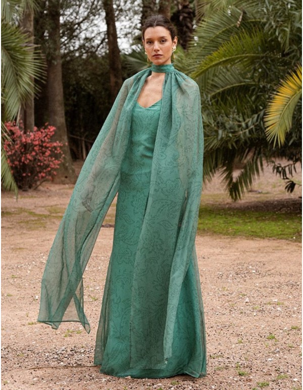 Long emerald green chiffon dress with floral print and cape 2