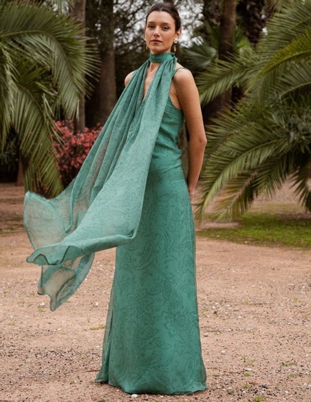 Longue robe en mousseline de soie vert émeraude avec imprimé floral et cape