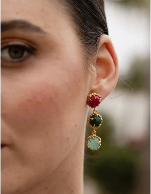Earrings with three round stones in cascade and golden...