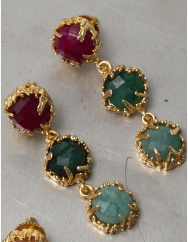 Boucles d'oreilles avec trois pierres rondes en cascade... 2