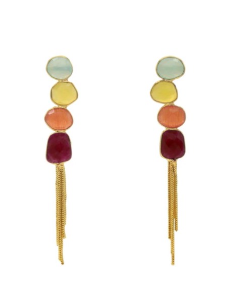 Earrings with irregular multicolored stones and chain bangs