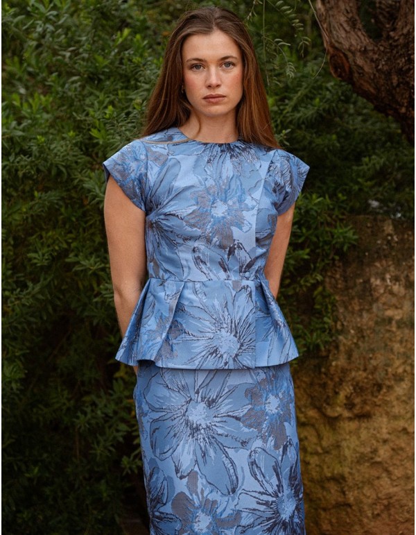 Floral print jacket in brocade with ruffle