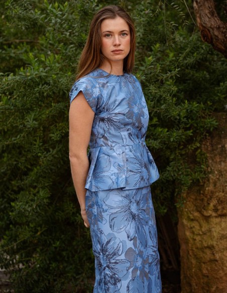 Floral print jacket in brocade with ruffle