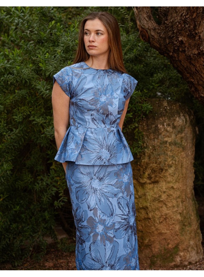 Floral print jacket in brocade with ruffle