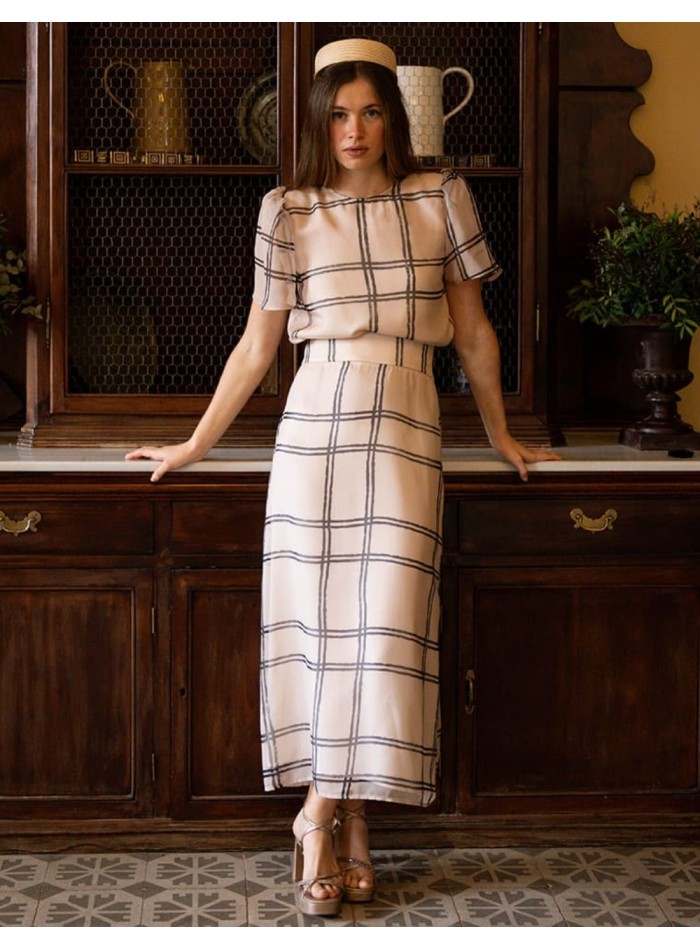 Jupe midi évasée en mousseline de soie à carreaux